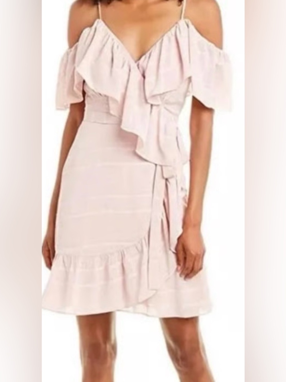 Wayf Blush Off-Shoulder Ruffle Wrap Mini Dress